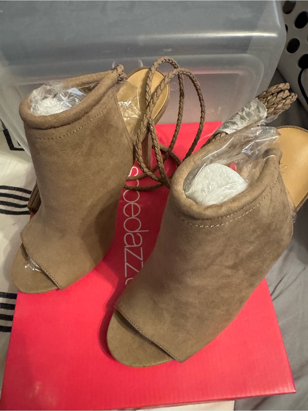 Shoe Dazzle Tan Suede Open-Toe Lace-Up Heels